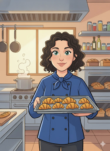 a cartoon image of a woman with curly brown hair in a kitchen holding croissants.